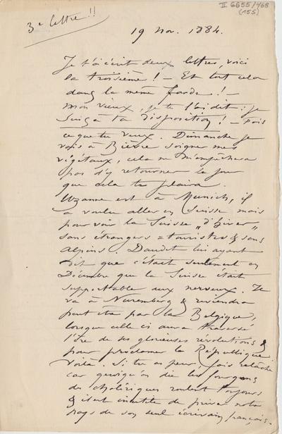 Lettre de Félicien Rops à [Léon] [Dommartin]. s.l., 1884/11/19. Bruxelles, Bibliothèque royale de Belgique, II/6655/468/155