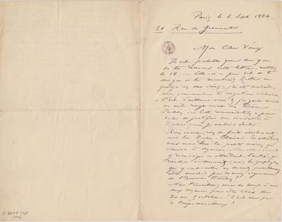 Lettre de Félicien Rops à [Léon] [Dommartin]. Paris, 1884/09/06. Bruxelles, Bibliothèque royale de Belgique, II/6655/468/156
