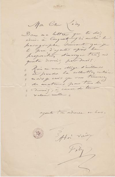 Lettre de Félicien Rops à Léon [Dommartin]. s.l., 0000/00/00. Bruxelles, Bibliothèque royale de Belgique, II/6655/468/171
