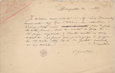 Lettre à ordre de Félicien Rops à Inconnu. Bruxelles, 1885/00/00. Bruxelles, Bibliothèque royale de Belgique, II/6655/468/172