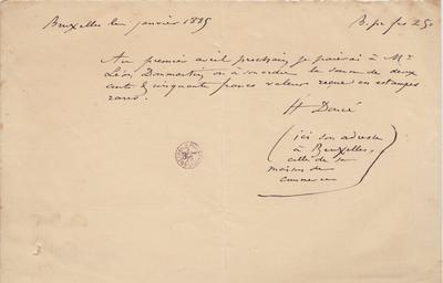 Lettre à ordre de Félicien Rops à [Léon] [Dommartin]. s.l., 1885/01/00. Bruxelles, Bibliothèque royale de Belgique, II/6655/468/175