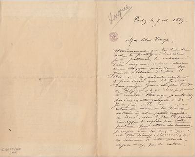 Lettre de Félicien Rops à [Léon] [Dommartin]. Paris, 1885/10/07. Bruxelles, Bibliothèque royale de Belgique, II/6655/468/176