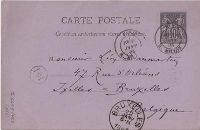 Carte postale de Félicien Rops à Léon [Dommartin]. [Paris], 1885/01/19. Bruxelles, Bibliothèque royale de Belgique, II/6655/468/177
