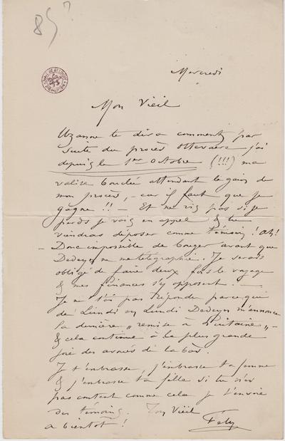 Lettre de Félicien Rops à [Léon] [Dommartin]. s.l., 1885/00/00. Bruxelles, Bibliothèque royale de Belgique, II/6655/468/178