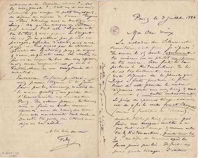 Lettre de Félicien Rops à [Léon] [Dommartin]. Paris, 1886/07/03. Bruxelles, Bibliothèque royale de Belgique, II/6655/468/180