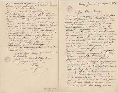 Lettre de Félicien Rops à [Léon] [Dommartin]. Paris, 1886/09/15. Bruxelles, Bibliothèque royale de Belgique, II/6655/468/183