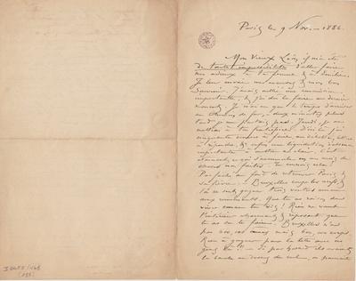 Lettre de Félicien Rops à Léon [Dommartin]. Paris, 1886/11/09. Bruxelles, Bibliothèque royale de Belgique, II/6655/468/185