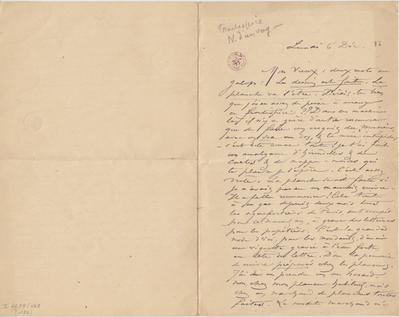 Lettre de Félicien Rops à [Léon] [Dommartin]. s.l., 1886/12/06. Bruxelles, Bibliothèque royale de Belgique, II/6655/468/186