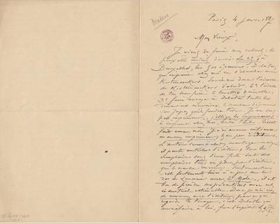 Lettre de Félicien Rops à [Léon] [Dommartin]. Paris, 1887/01/04. Bruxelles, Bibliothèque royale de Belgique, II/6655/468/187