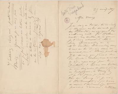 Lettre de Félicien Rops à Léon Dommartin. [Paris], 1887/04/25. Bruxelles, Bibliothèque royale de Belgique, II/6655/468/195