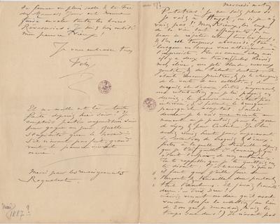 Lettre de Félicien Rops à [Léon] [Dommartin]. s.l., 1887/05/00. Bruxelles, Bibliothèque royale de Belgique, II/6655/468/198