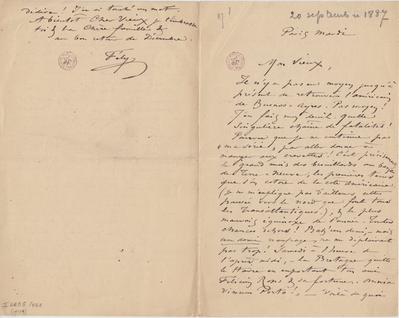 Lettre de Félicien Rops à Léon Dommartin. [Paris], 1887/09/20. Bruxelles, Bibliothèque royale de Belgique, II/6655/468/199