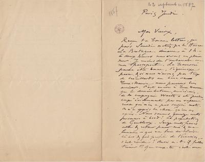 Lettre de Félicien Rops à Léon Dommartin. Paris, 1887/09/22. Bruxelles, Bibliothèque royale de Belgique, II/6655/468/201
