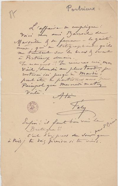 Lettre de Félicien Rops à [Léon] [Dommartin]. Portrieux, 1887/00/00. Bruxelles, Bibliothèque royale de Belgique, II/6655/468/202