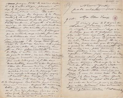 Lettre de Félicien Rops à [Léon] [Dommartin]. New York, 1887/10/09. Bruxelles, Bibliothèque royale de Belgique, II/6655/468/204