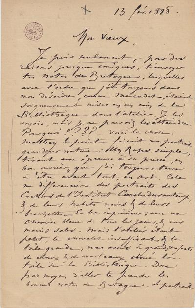 Lettre de Félicien Rops à [Léon] [Dommartin]. s.l., 1888/02/13. Bruxelles, Bibliothèque royale de Belgique, II/6655/468/210