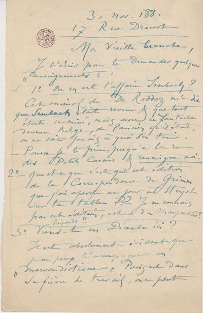 Lettre de Félicien Rops à [Léon] [Dommartin]. Paris, 1881/11/30. Bruxelles, Bibliothèque royale de Belgique, II/6655/468/211
