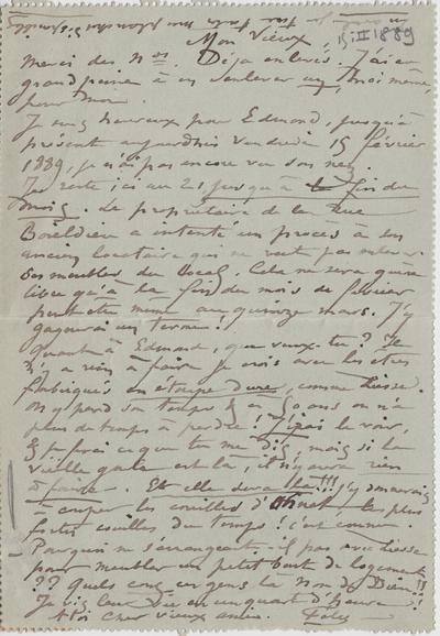 Lettre-enveloppe de Félicien Rops à Léon Dommartin. [Paris], 1889/02/15. Bruxelles, Bibliothèque royale de Belgique, II/6655/468/219