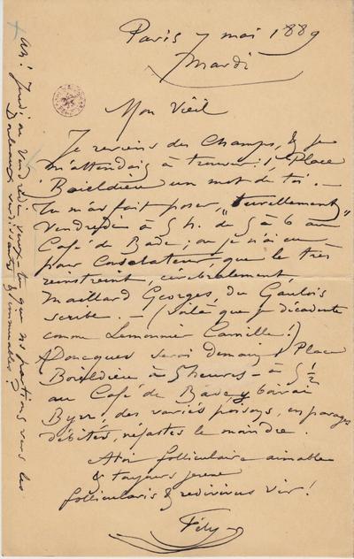 Lettre de Félicien Rops à [Léon] [Dommartin]. Paris, 1889/05/07. Bruxelles, Bibliothèque royale de Belgique, II/6655/468/221