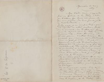 Lettre de Félicien Rops à [Leon] [Dommartin]. s.l., 1889/03/14. Bruxelles, Bibliothèque royale de Belgique, II/6655/468/222