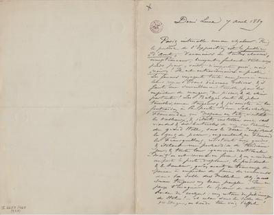 Lettre de Félicien Rops à [Léon] [Dommartin]. Corbeil-Essonnes, 1889/08/07. Bruxelles, Bibliothèque royale de Belgique, II/6655/468/223