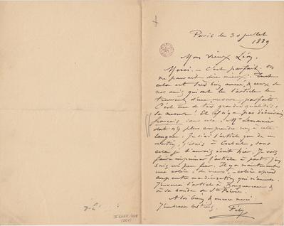 Lettre de Félicien Rops à Léon [Dommartin]. Paris, 1889/07/30. Bruxelles, Bibliothèque royale de Belgique, II/6655/468/224