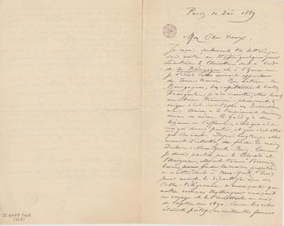 Lettre de Félicien Rops à [Léon] [Dommartin]. Paris, 1889/12/10. Bruxelles, Bibliothèque royale de Belgique, II/6655/468/227