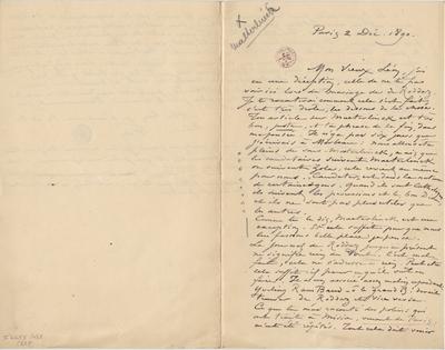 Lettre de Félicien Rops à Léon [Dommartin]. Paris, 1890/12/02. Bruxelles, Bibliothèque royale de Belgique, II/6655/468/229
