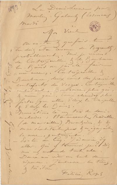 Lettre de Félicien Rops à [Léon] [Dommartin]. Corbeil-Essonnes, 1893/00/00. Bruxelles, Bibliothèque royale de Belgique, II/6655/468/234