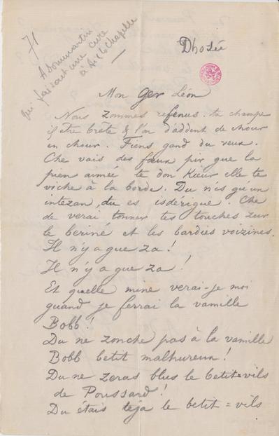 Lettre de Félicien Rops à Léon Dommartin. Mettet, 1871/07/23. Bruxelles, Bibliothèque royale de Belgique, II/6655/468/24