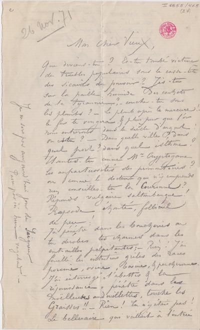 Lettre de Félicien Rops à Léon Dommartin. [Bruxelles], 1871/11/26. Bruxelles, Bibliothèque royale de Belgique, II/6655/468/27