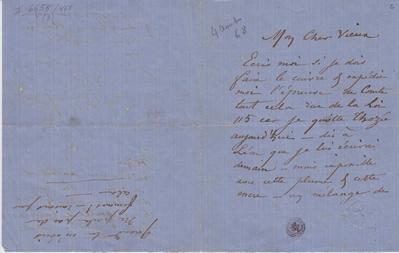 Lettre de Félicien Rops à Inconnu. Mettet, 1868/08/04. Bruxelles, Bibliothèque royale de Belgique, II/6655/468/3