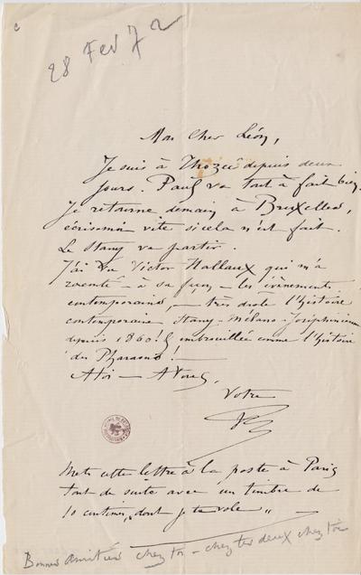 Lettre de Félicien Rops à Léon Dommartin. Mettet, 1872/02/28. Bruxelles, Bibliothèque royale de Belgique, II/6655/468/31