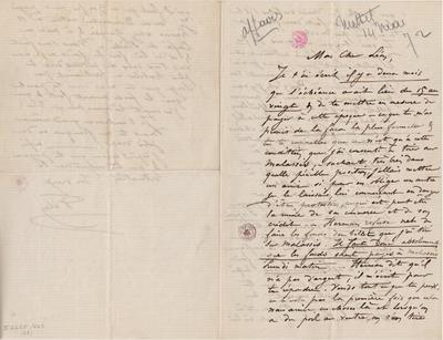 Lettre de Félicien Rops à Léon Dommartin. [Mettet], 1872/05/14. Bruxelles, Bibliothèque royale de Belgique, II/6655/468/33