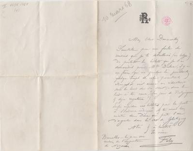 Lettre de Félicien Rops à Léon Dommartin. Bruxelles, 1868/03/10. Bruxelles, Bibliothèque royale de Belgique, II/6655/468/4