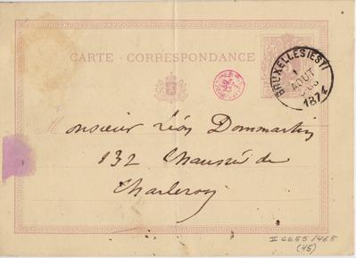 Carte postale de Félicien Rops à Léon Dommartin. [Bruxelles], 1874/08/01. Bruxelles, Bibliothèque royale de Belgique, II/6655/468/45