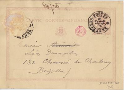 Carte postale de Félicien Rops à Léon Dommartin. [Bruxelles], 1874/06/17. Bruxelles, Bibliothèque royale de Belgique, II/6655/468/48