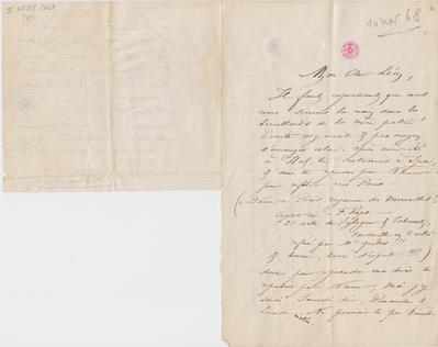 Lettre de Félicien Rops à Léon Dommartin. s.l., 1868/11/10. Bruxelles, Bibliothèque royale de Belgique, II/6655/468/5