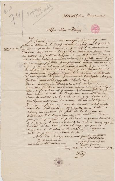 Lettre de Félicien Rops à [Léon?] [Dommartin?]. Stockholm, 1874/08/00. Bruxelles, Bibliothèque royale de Belgique, II/6655/468/50