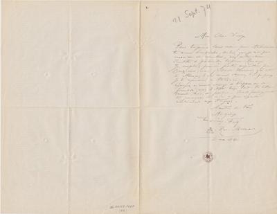 Lettre de Félicien Rops à Léon Dommartin. Paris, 1874/09/28. Bruxelles, Bibliothèque royale de Belgique, II/6655/468/52