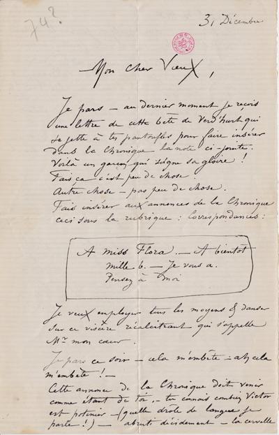Lettre de Félicien Rops à [Léon?] [Dommartin?]. s.l., 1874/12/31. Bruxelles, Bibliothèque royale de Belgique, II/6655/468/53