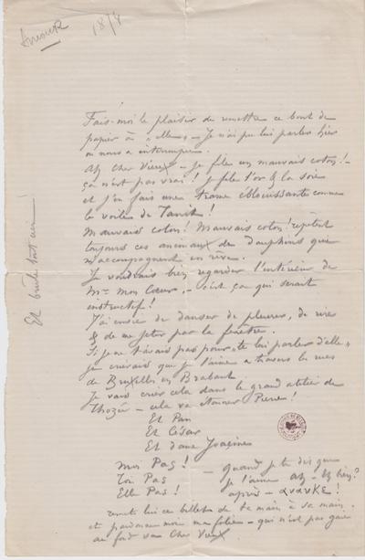 Lettre de Félicien Rops à Inconnu. s.l., 1874/00/00. Bruxelles, Bibliothèque royale de Belgique, II/6655/468/55