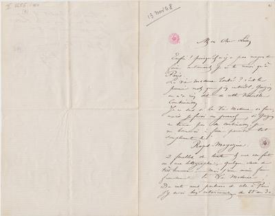 Lettre de Félicien Rops à Léon [Dommartin]. s.l., 1868/11/13. Bruxelles, Bibliothèque royale de Belgique, II/6655/468/6