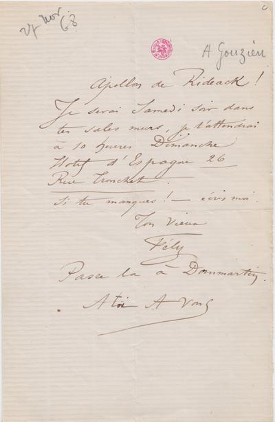 Lettre de Félicien Rops à Armand Gouzien. [Bruxelles], 1868/11/27. Bruxelles, Bibliothèque royale de Belgique, II/6655/468/7