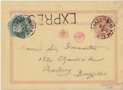 Carte postale de Félicien Rops à Léon Dommartin. [Bruxelles], 1875/01/11. Bruxelles, Bibliothèque royale de Belgique, II/6655/468/75
