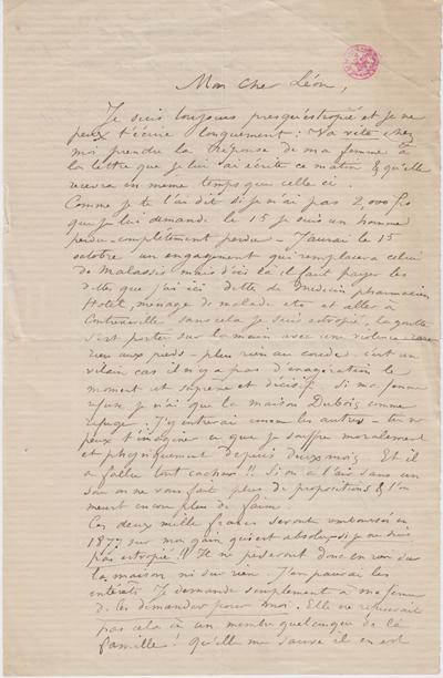 Lettre de Félicien Rops à Léon Dommartin. [Bruxelles], 1875/02/05. Bruxelles, Bibliothèque royale de Belgique, II/6655/468/77