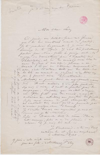 Lettre de Félicien Rops à Léon [Dommartin]. s.l., 0000/06/09. Bruxelles, Bibliothèque royale de Belgique, II/6655/468/82