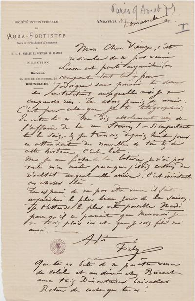 Lettre de Félicien Rops à Léon Dommartin. [Paris], 1875/08/09. Bruxelles, Bibliothèque royale de Belgique, II/6655/468/83