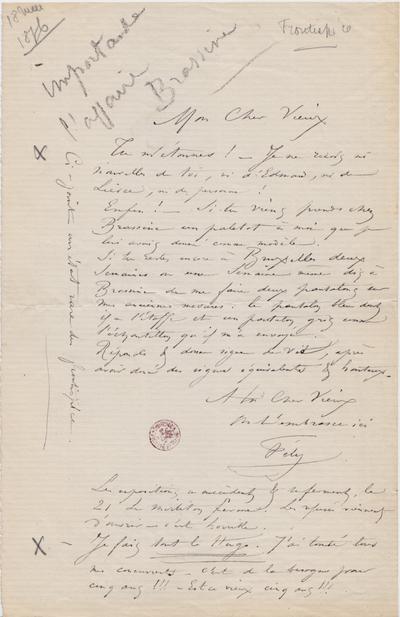 Lettre de Félicien Rops à [Léon] [Dommartin]. s.l., 1876/05/18. Bruxelles, Bibliothèque royale de Belgique, II/6655/468/89