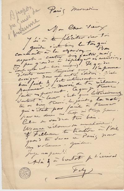 Lettre de Félicien Rops à [Léon] [Dommartin]. Paris, 1885/00/00. Bruxelles, Bibliothèque royale de Belgique, II/6655/469/1